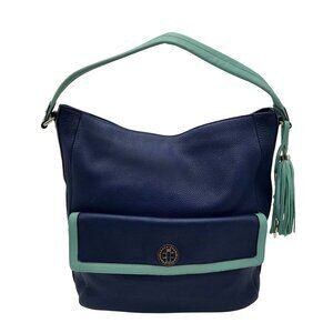 Issac Miuiuzrah Navy and Turquoise Genuine Leather Hobo Shoulder Bag